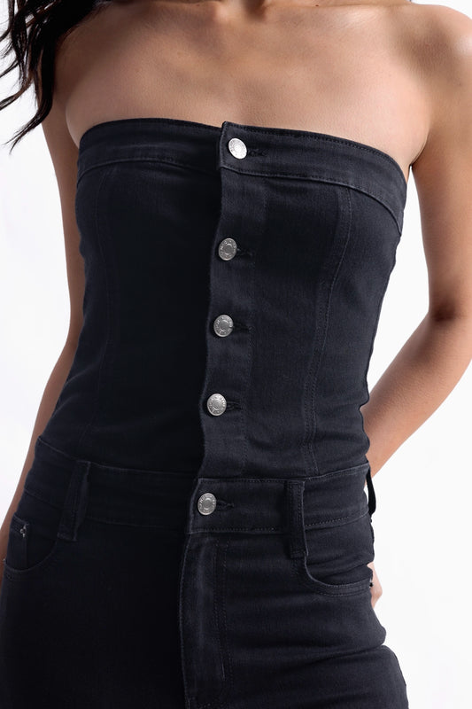 Buttoned Black Denim Jumpsuit