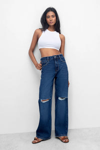 Dark Blue Straight Fit Ripped Jeans