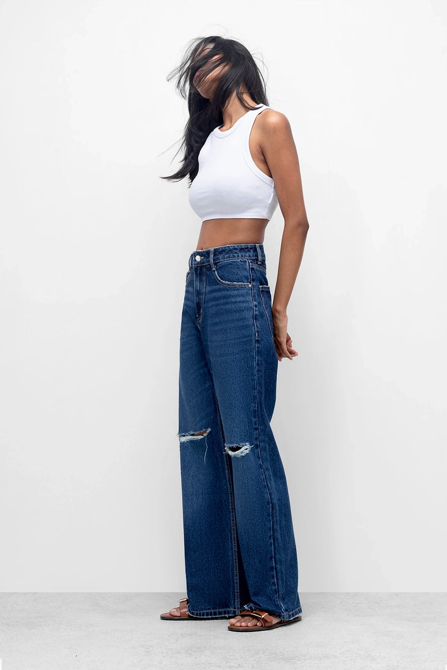 Dark Blue Straight Fit Ripped Jeans