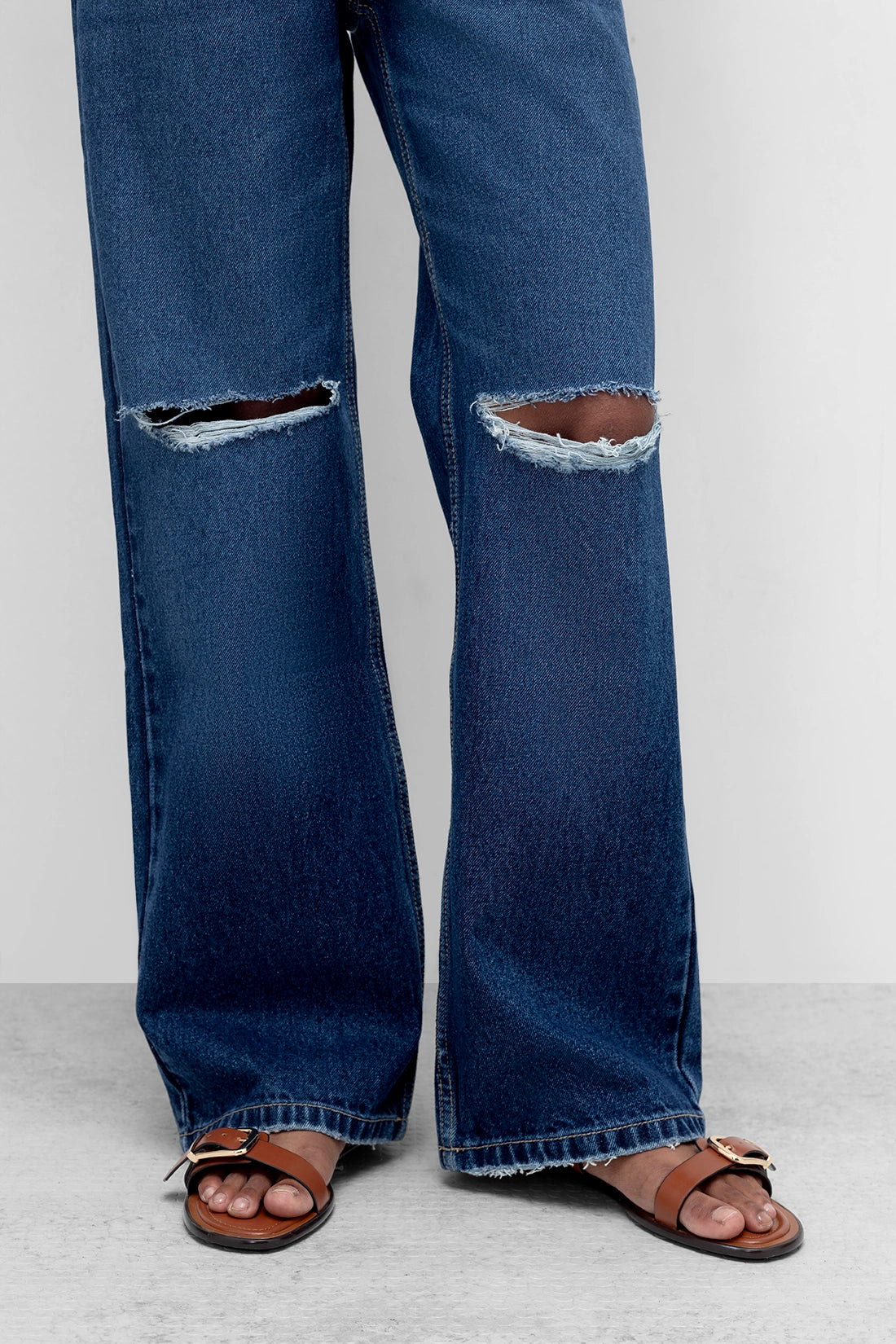 Dark Blue Straight Fit Ripped Jeans
