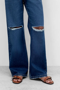 Dark Blue Straight Fit Ripped Jeans