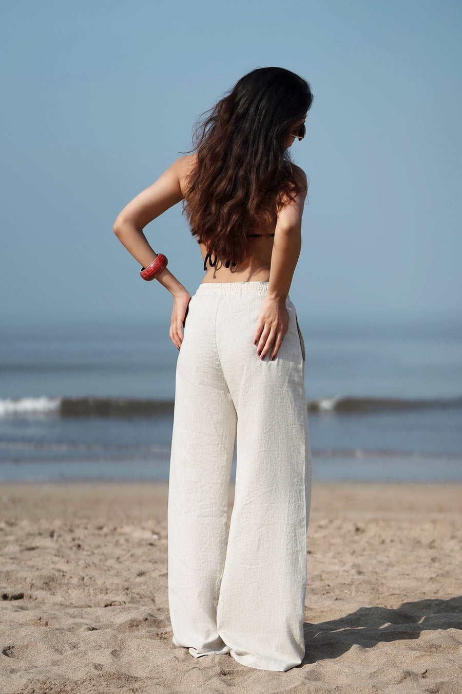 Beige Linen Drawstring Pants