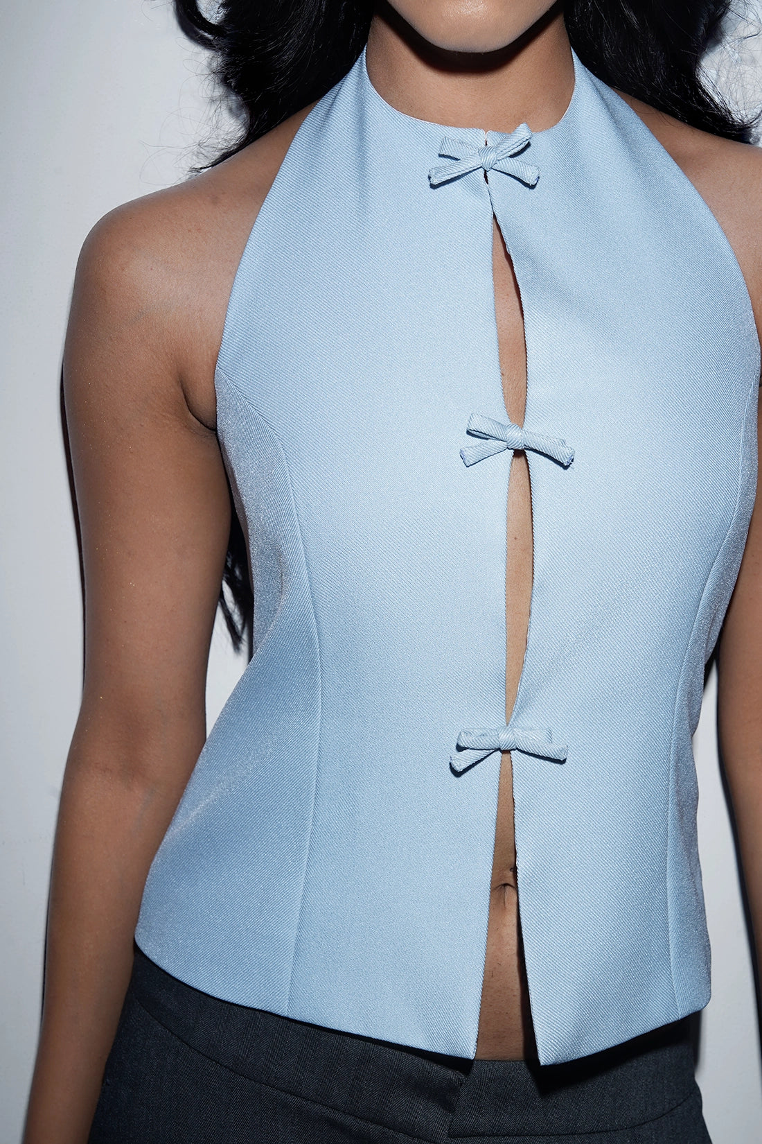 Cut-Out Halter Top with Bows- Blue