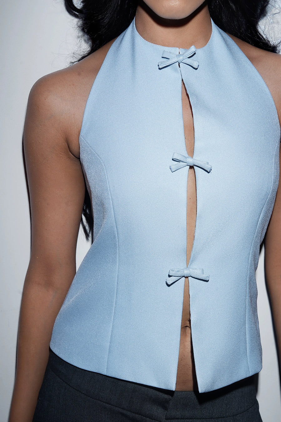 Cut-Out Halter Top with Bows- Blue
