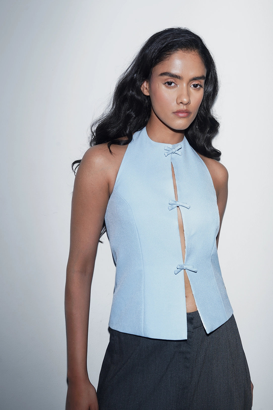 Cut-Out Halter Top with Bows- Blue