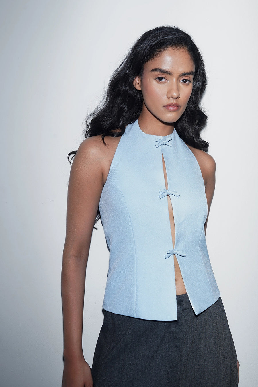 Cut-Out Halter Top with Bows- Blue