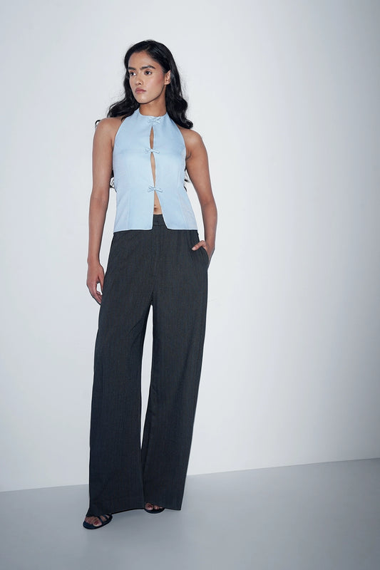 Cut-Out Halter Top with Bows- Blue