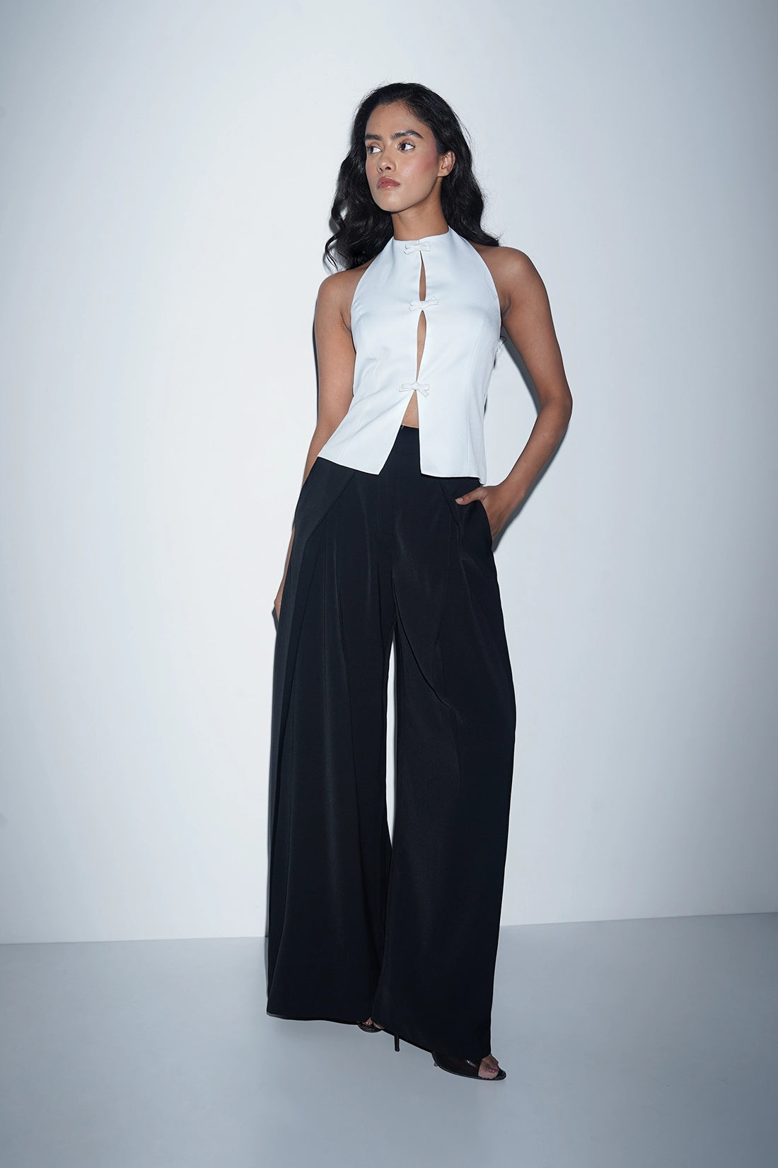 Cut-Out Halter Top with Bows- White