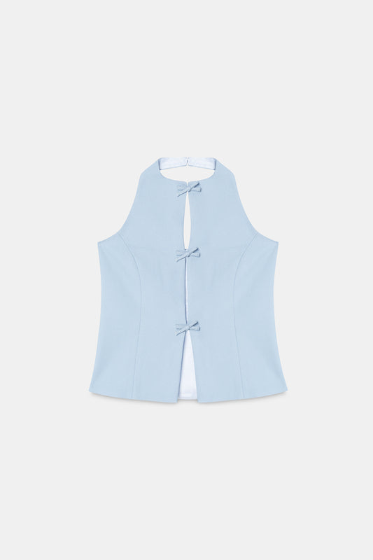 Cut-Out Halter Top with Bows- Blue