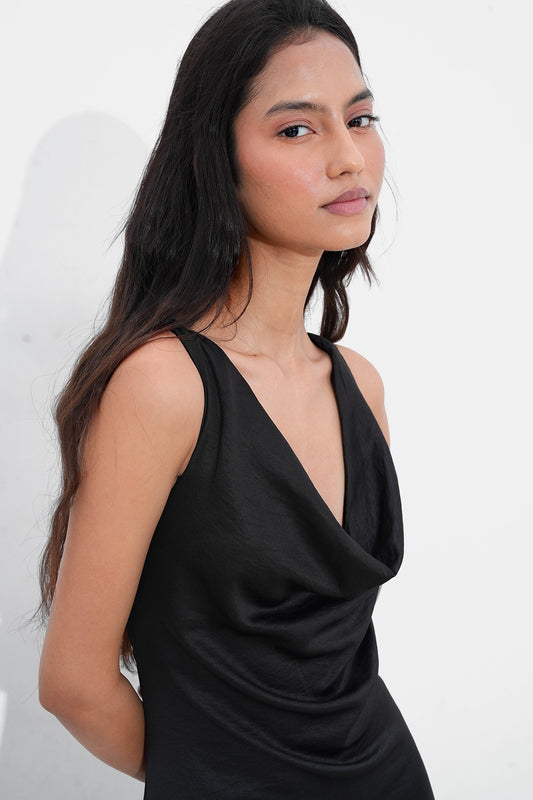 Black Crushed Satin Dress