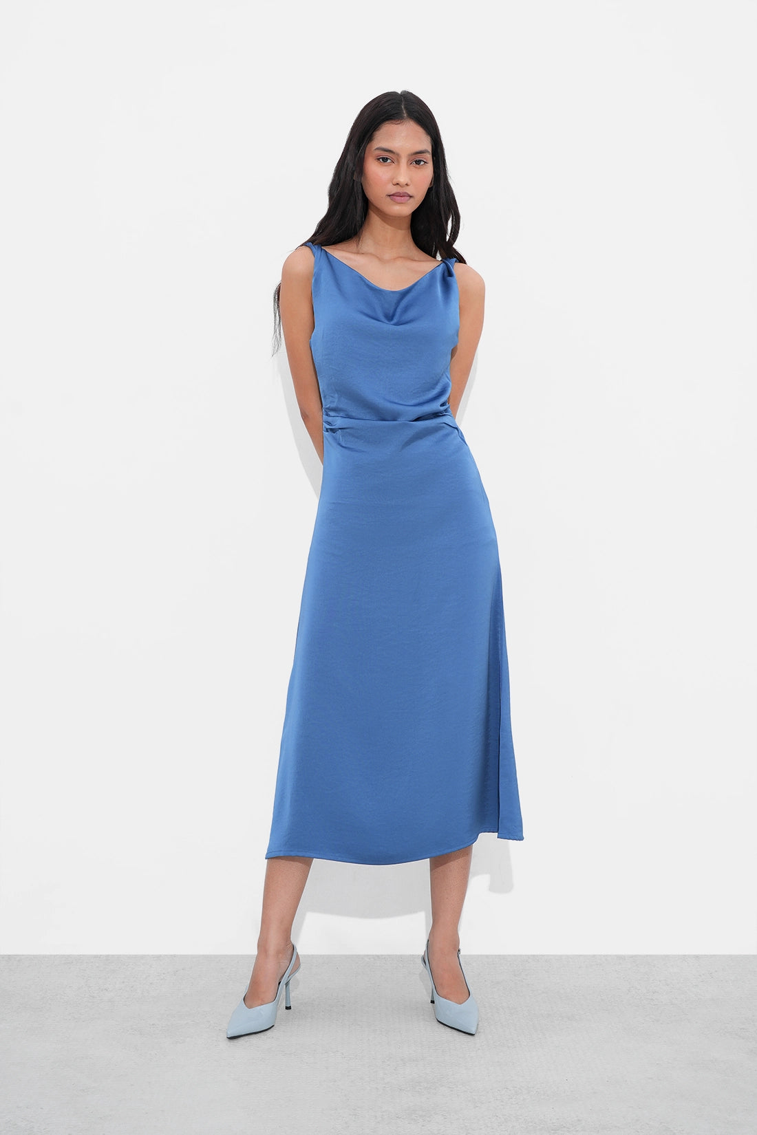 Blue Satin Midi Dress