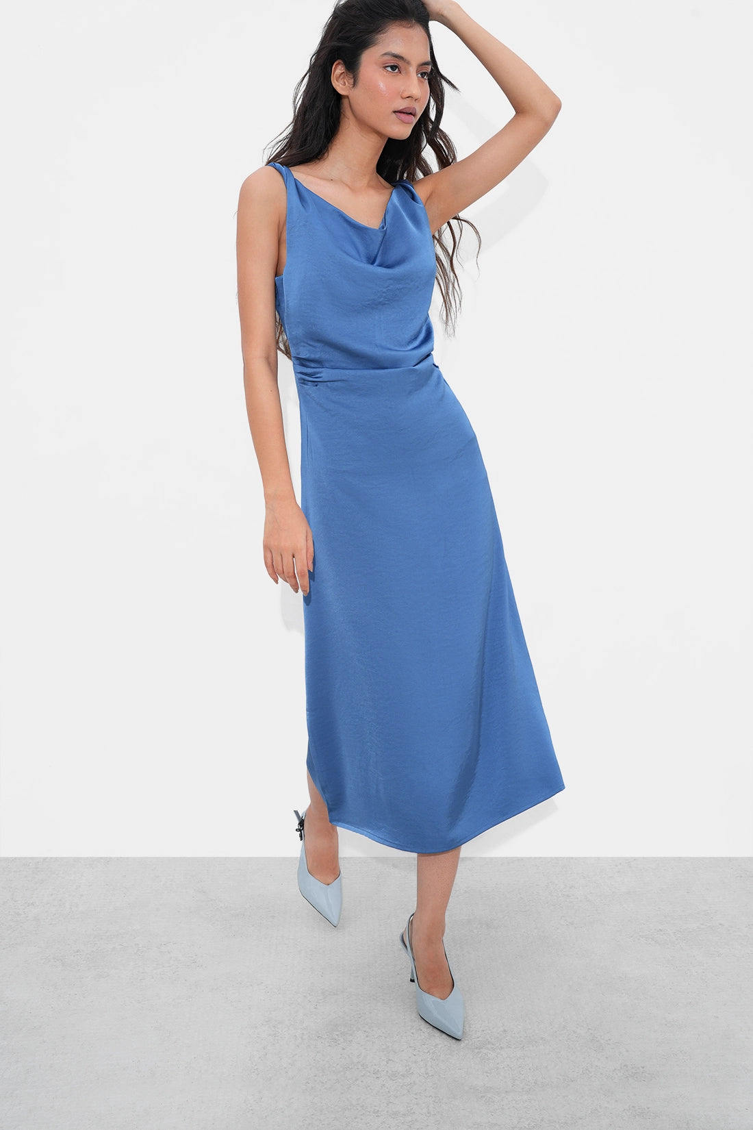 Blue Satin Midi Dress
