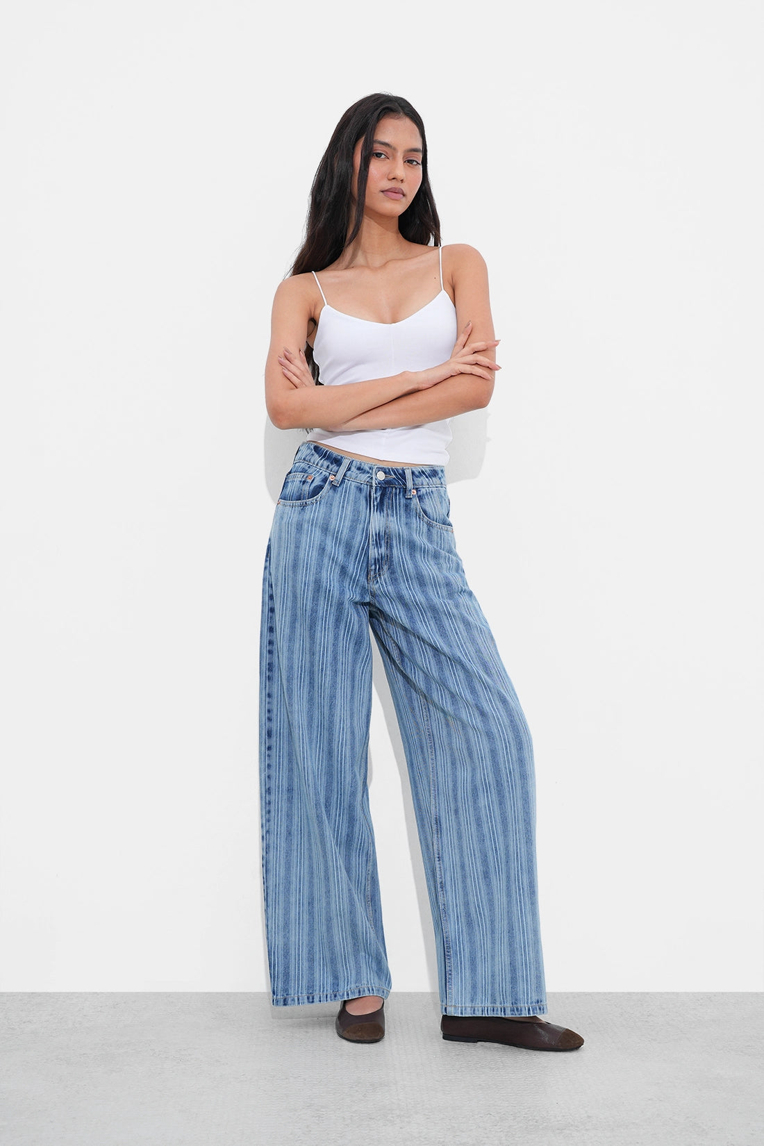 Blue Striped Wide-Leg Jeans