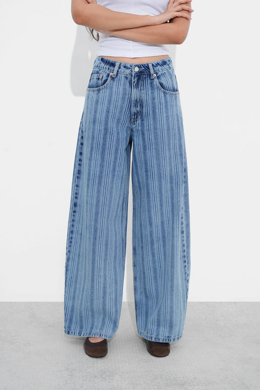 Blue Striped Wide-Leg Jeans