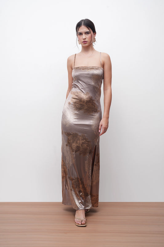 Bronze Textured Floral Slip Dress