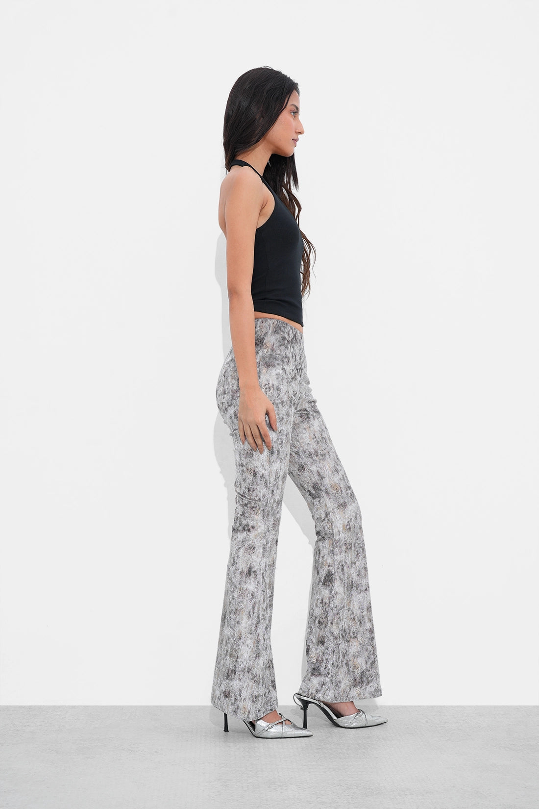 Silver Snake Print Flared Trousers