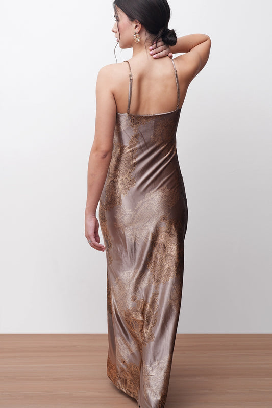 Bronze Textured Floral Slip Dress