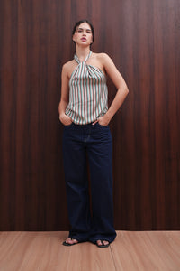 Green Striped Satin Halter Top