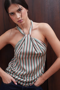 Green Striped Satin Halter Top