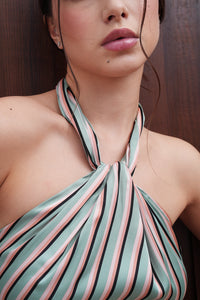 Green Striped Satin Halter Top