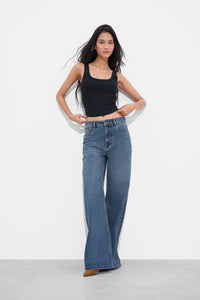 Black Ribbed Square Neck Top