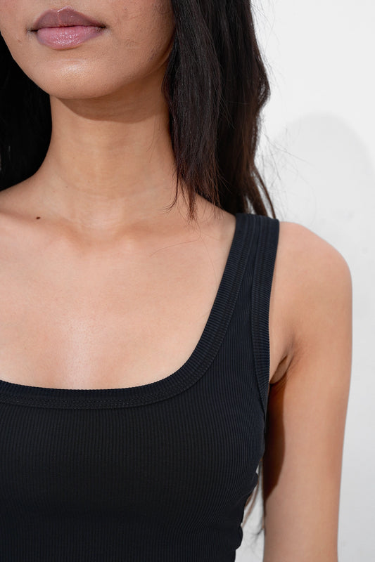 Black Ribbed Square Neck Top