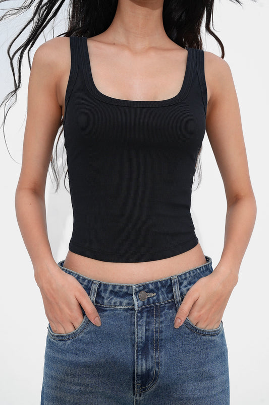 Black Ribbed Square Neck Top