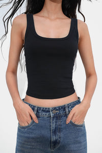 Black Ribbed Square Neck Top
