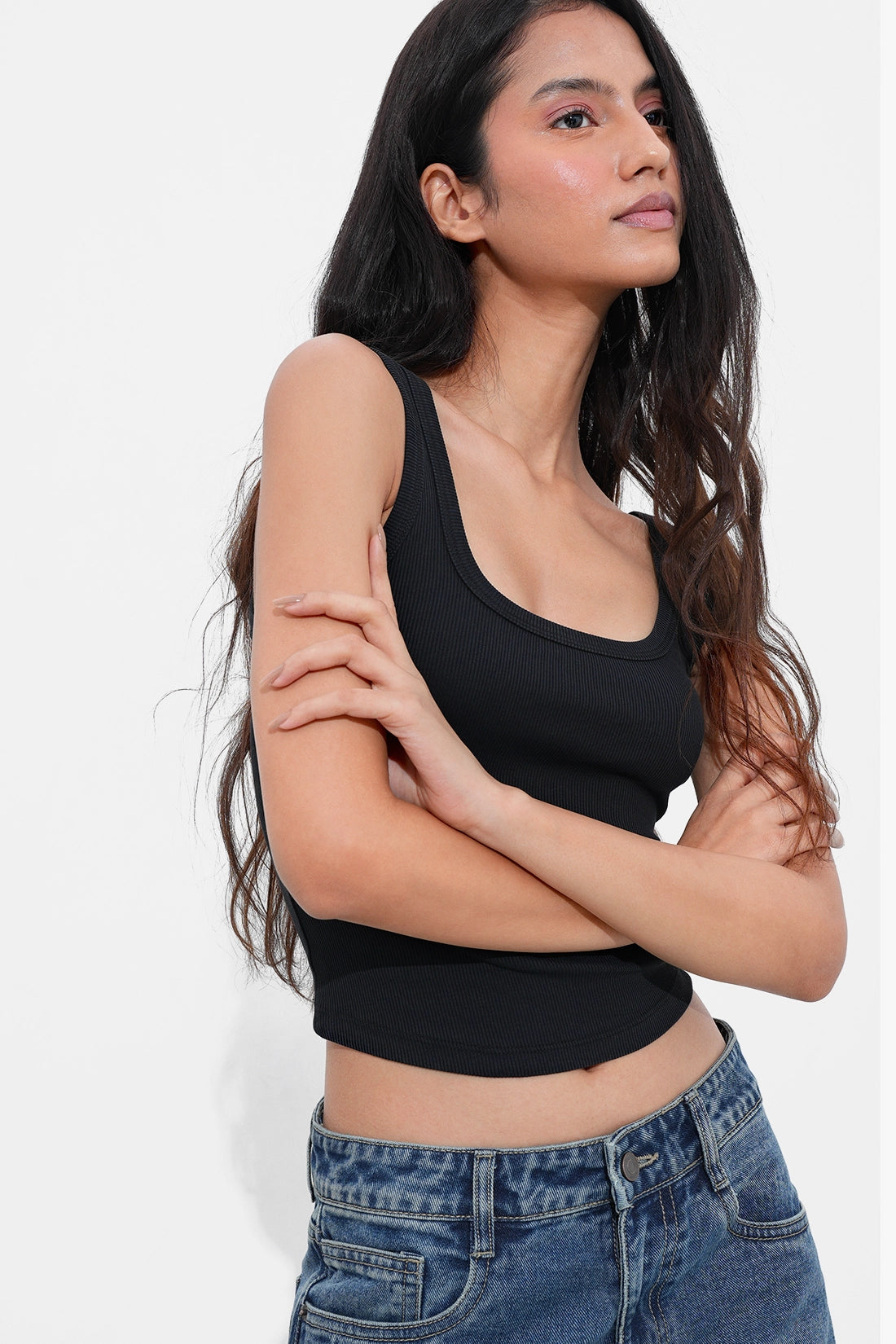 Black Ribbed Square Neck Top