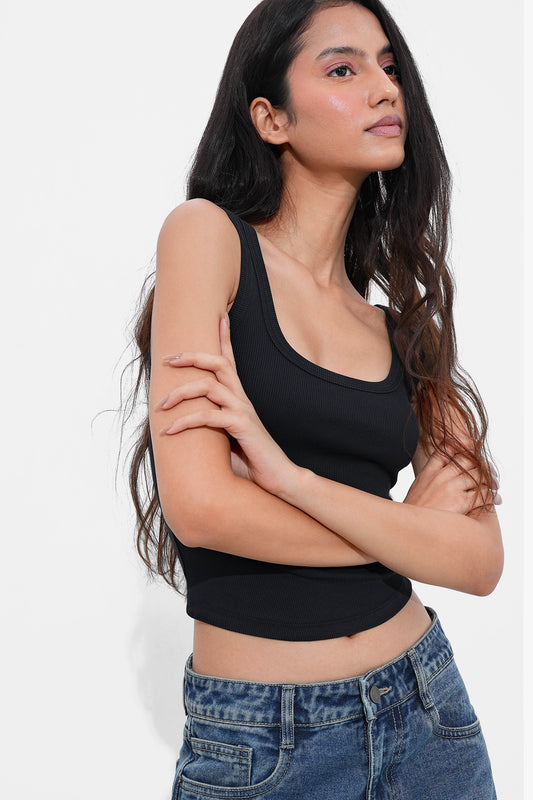 Black Ribbed Square Neck Top
