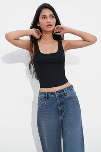 Black Ribbed Square Neck Top