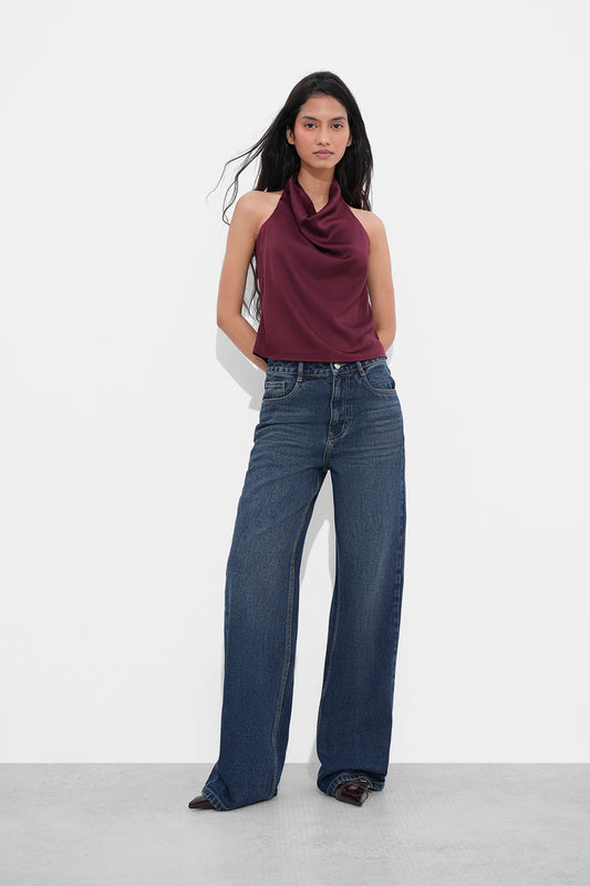 Burgundy Satin Open-Back Top