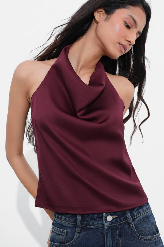 Burgundy Satin Open-Back Top