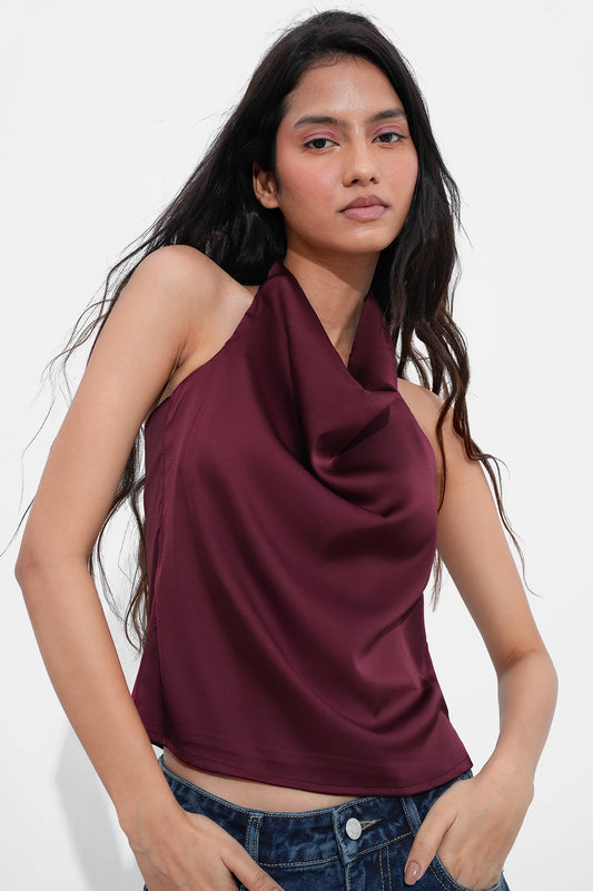 Burgundy Satin Open-Back Top