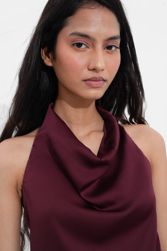 Burgundy Satin Open-Back Top