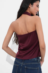 Burgundy Satin Open-Back Top
