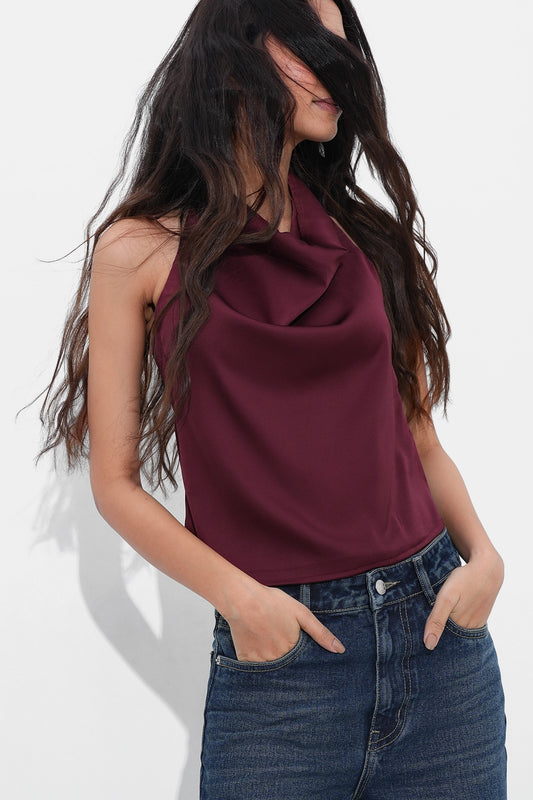 Burgundy Satin Open-Back Top