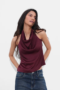 Burgundy Satin Open-Back Top