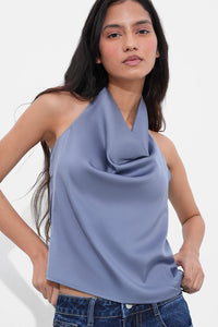 Periwinkle Satin Open-Back Top