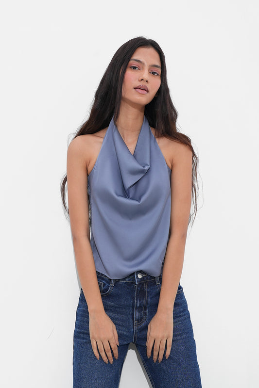 Periwinkle Satin Open-Back Top