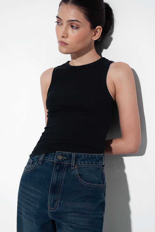 Black Ribbed Round Neck Top