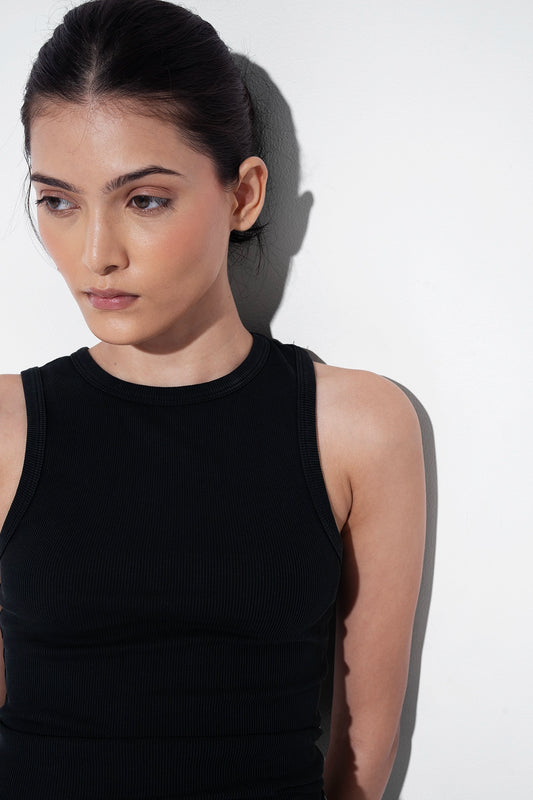 Black Ribbed Round Neck Top