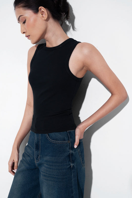 Black Ribbed Round Neck Top