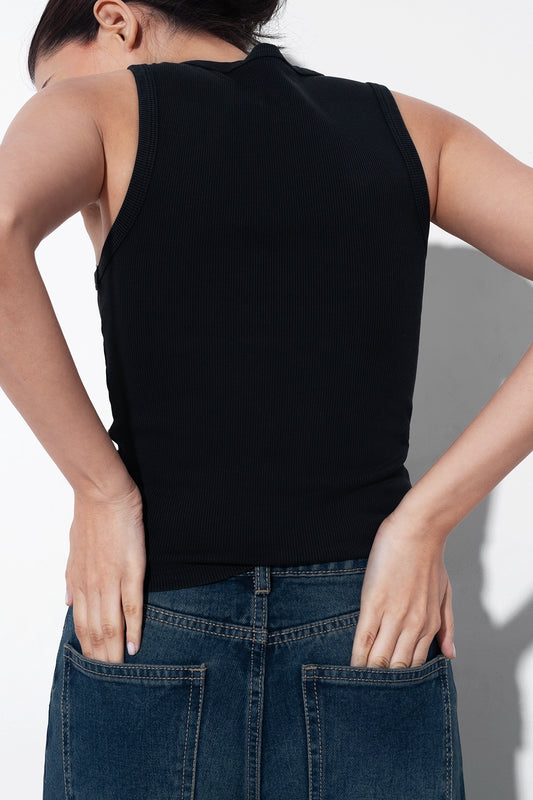 Black Ribbed Round Neck Top