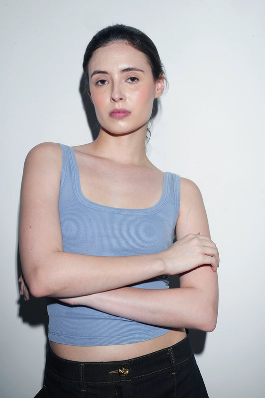 Blue Ribbed Square Neck Top
