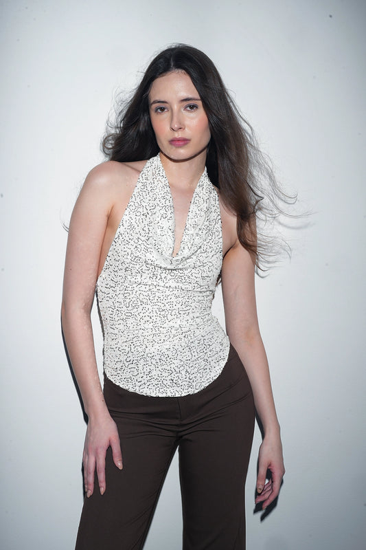 White Sequin Halterneck Cowl Top
