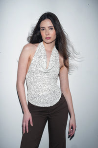 White Sequin Halterneck Cowl Top