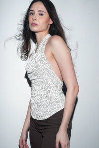 White Sequin Halterneck Cowl Top