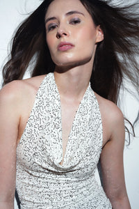 White Sequin Halterneck Cowl Top