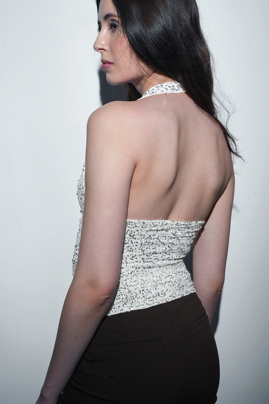 White Sequin Halterneck Cowl Top